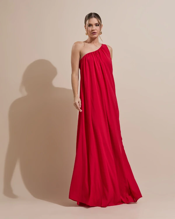 Vestido de Festa Longo Crepe Fluido um Ombro Só com Lenço Vermelho