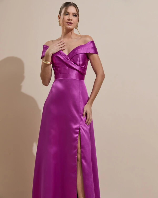 Vestido de Festa Longo Zibeline Ombro a Ombro com Fenda Fúcsia