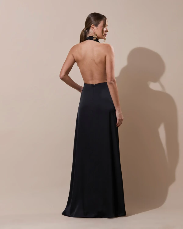 Vestido de Festa Longo Cetim Frente Única Degagê com Faixa Drapeada Preto