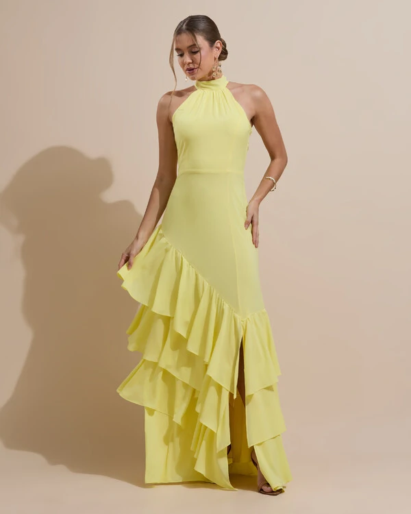 Vestido de Festa Longo Chiffon Crepe Gola Alta Babados Amarelo Manteiga