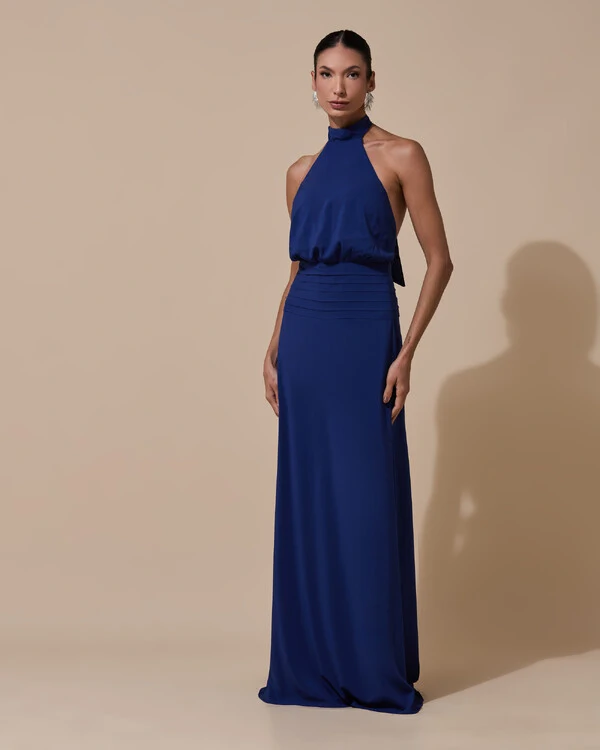 Vestido de Festa Longo Frente Única Busto Blousê Crepe Chiffon Drapeado Azul Marinho
