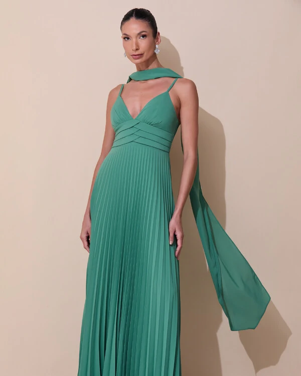 Vestido de Festa Longo Plissado Crepe Chiffon com Alça e Lenço Verde Matcha Escuro