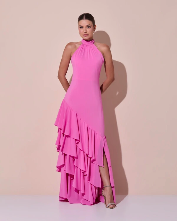 Vestido de Festa Longo Chiffon Crepe Gola Alta Babados Rosa New