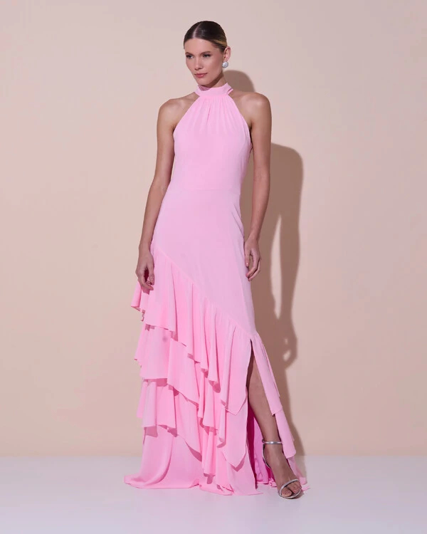 Vestido de Festa Longo Chiffon Crepe Gola Alta Babados Rosa Claro