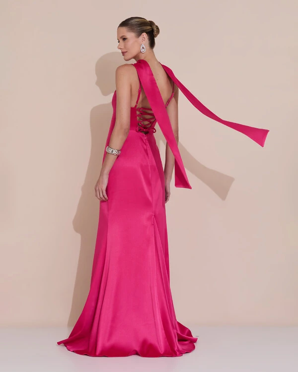 Vestido de Festa Longo Decote Coração Cetim Alfaiataria Trançado Costas Lenço Pink