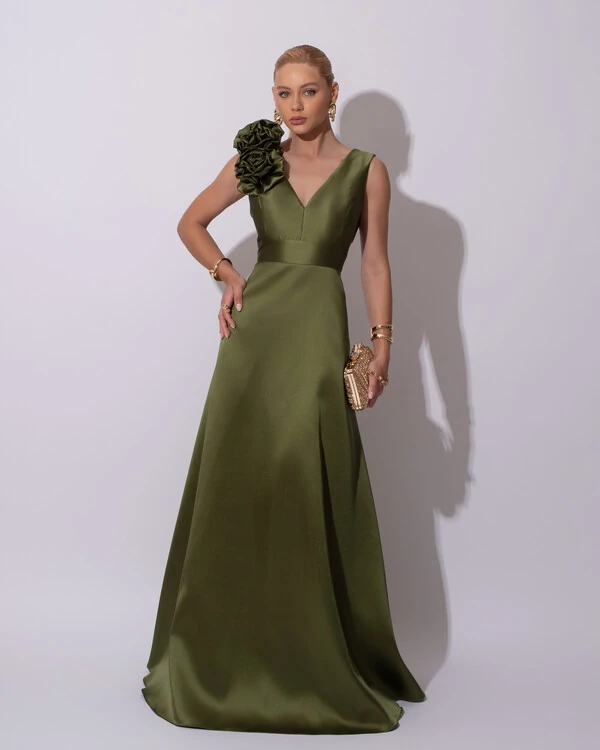 Vestido de Festa longo Zibeline Decote em V com Flores Removivel Verde Oliva