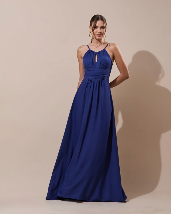 Vestido de Festa Longo Crepe Chiffon Drapeado com Alças e Saia Fluida Azul Marinho