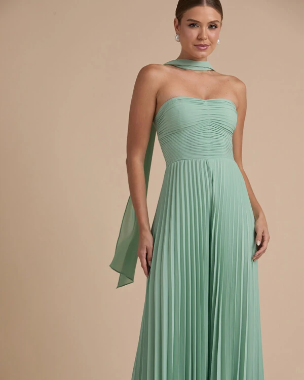 Macacão de Festa Longo Crepe Chiffon Tomara que Caia Plissado com Lenço Verde Menta