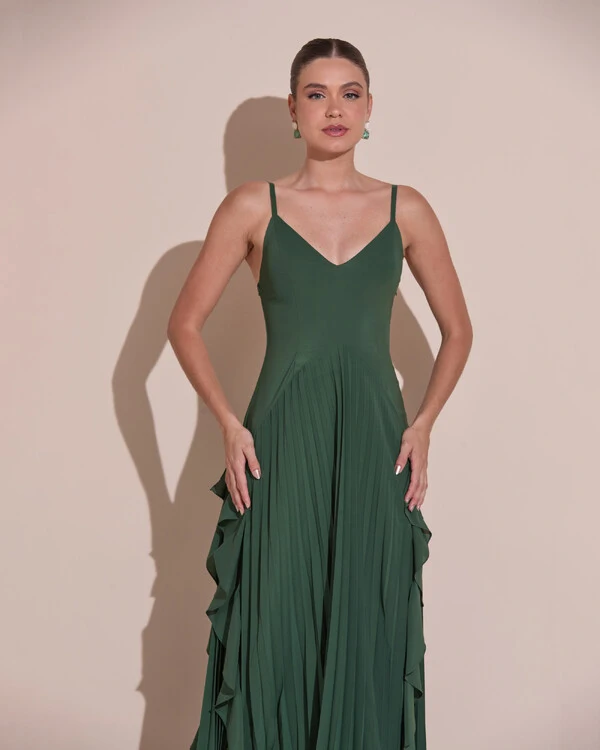 Vestido de Festa Longo Crepe Chiffon Alça Fina Saia Plissada com Babado Cascata Verde Escuro New