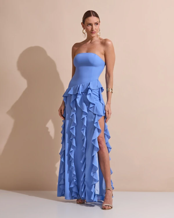 Vestido de festa Longo Tomara que Caia Crepe Chiffon com Bababos Cascata e Fenda Azul Atlantis
