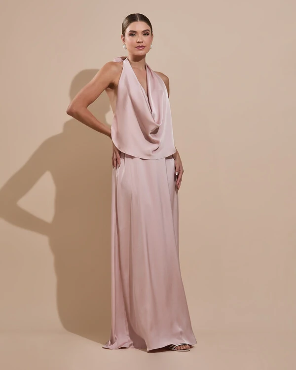 Vestido de Festa Longo Cetim Fluido Frente Única Degagê Mil Formas Rose Nude