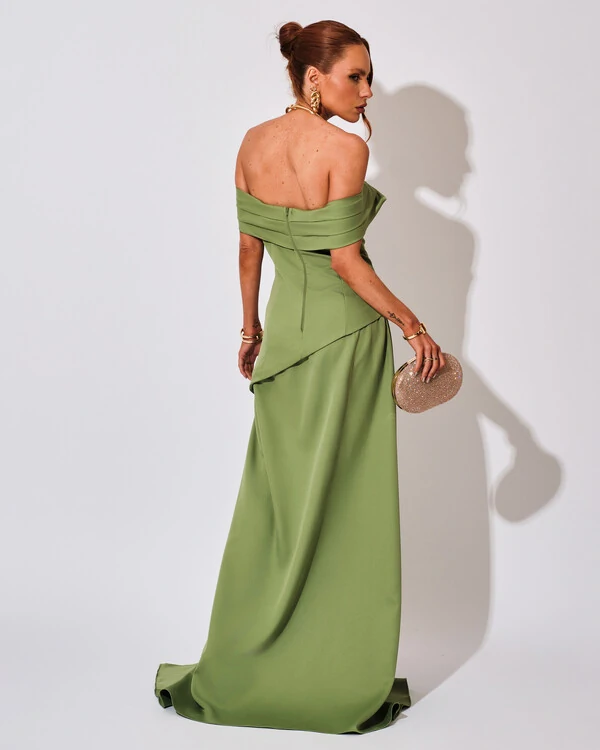 Vestido de Festa Longo Alfaiataria Ombro a Ombro Drapeado com Fenda Verde Matcha