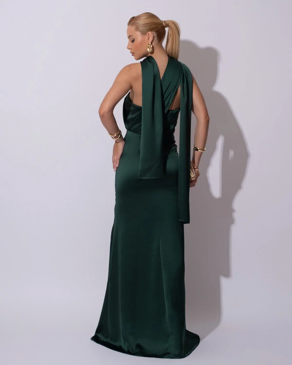 Vestido de Festa Longo Cetim Alfaiataria Tomara que Caia com Faixa Lenço Verde Escuro