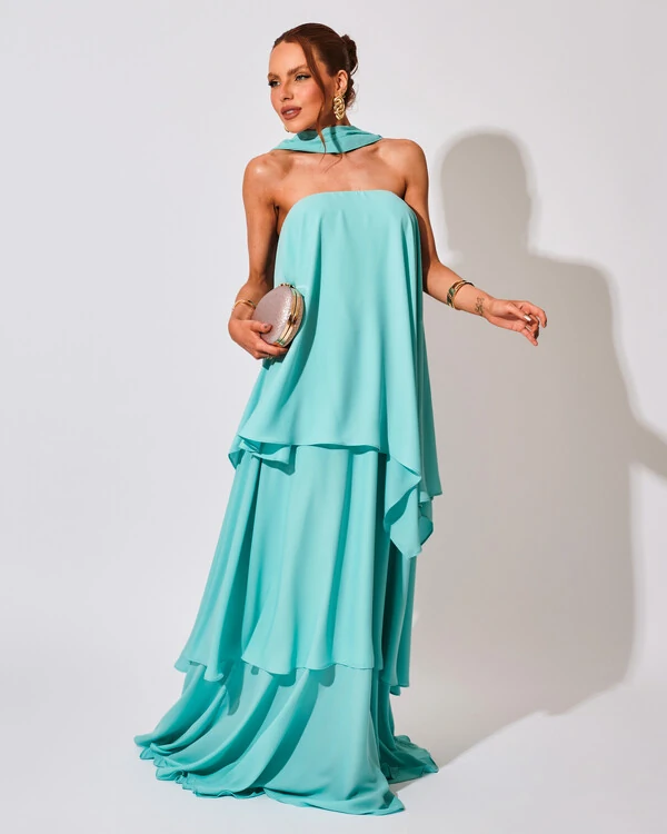 Vestido de Festa Longo Chiffon Crepe em Camadas com Lenço Tiffany