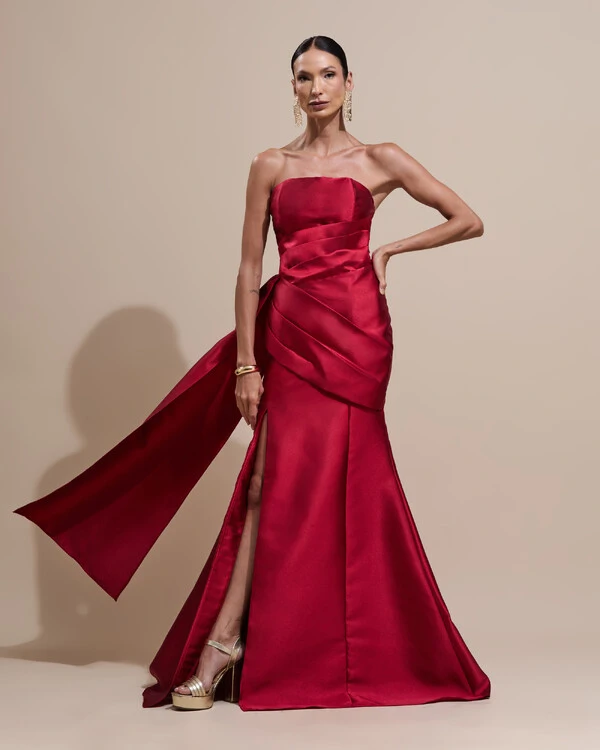 Vestido de Festa Longo Tomara que Caia Zibeline Drapeado e Faixa Marsala