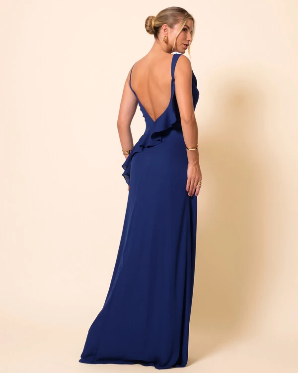 Vestido de Festa Longo Crepe Chiffon Degagê com Fenda e Babado Cascata Azul Marinho