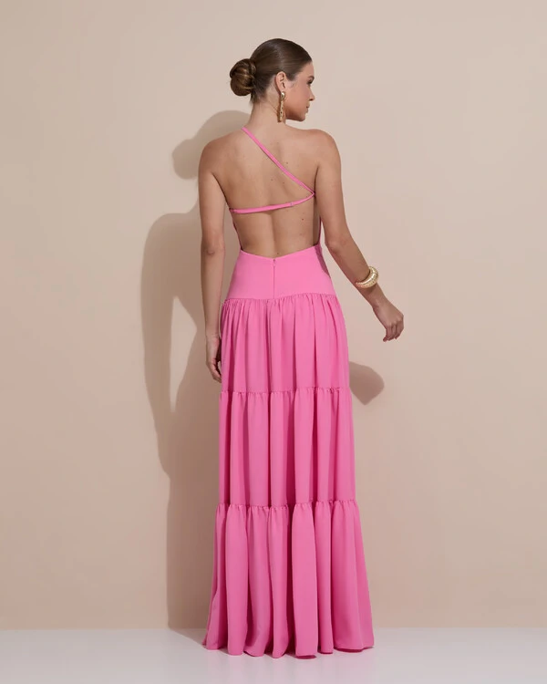 Vestido de Festa Longo Um ombro Só Crepe Chiffon Saia Fluida Rosa