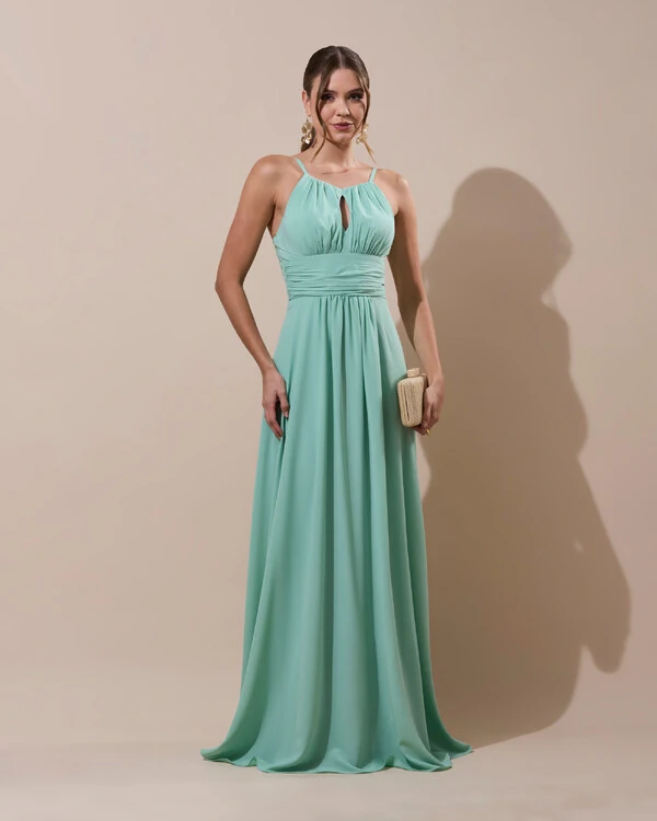 Vestido de Festa Longo Crepe Chiffon Drapeado com Alças e Saia Fluida Verde Menta