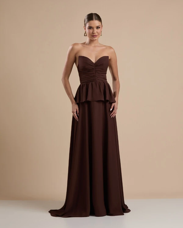 Vestido de Festa Longo Crepe Chiffon Tomara que Caia Peplum Drapeado Marrom