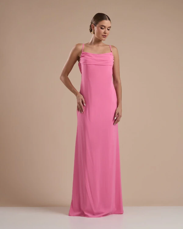 Vestido de Festa Longo Crepe Chiffon Costas Lenço Cauda Rosa