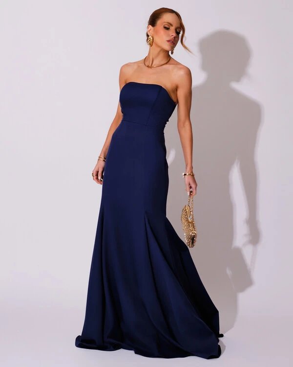 Vestido de Festa Longo Alfaiataria Tomara que Caia Saia Sereia Azul Marinho