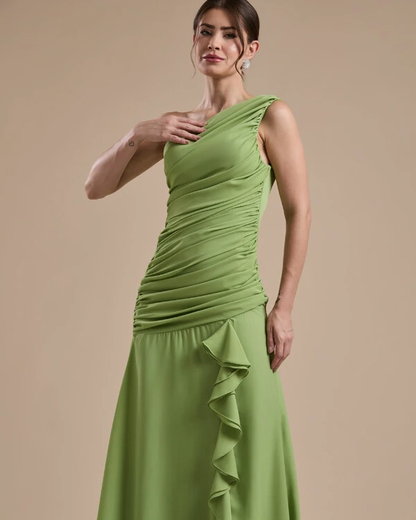 Vestido de Festa Longo Crepe Chiffon Um Ombro Só Drapeado com Babado Cascata Verde Garden
