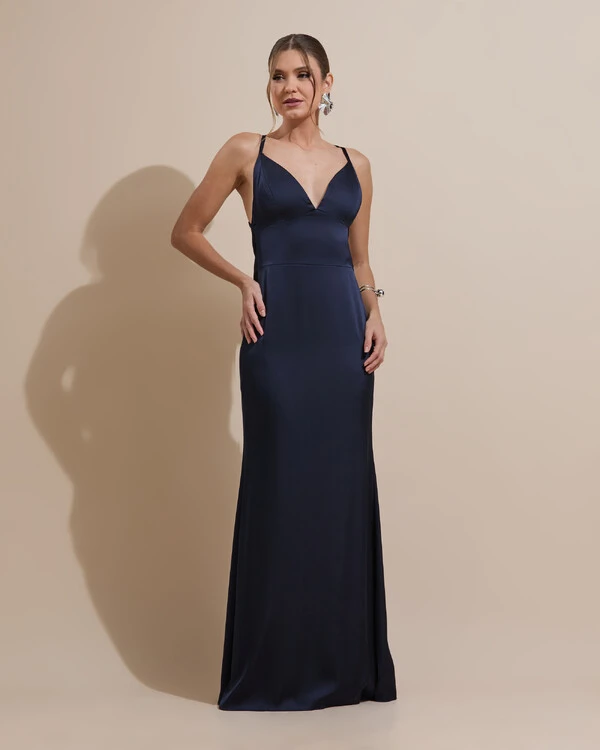 Vestido de Festa Longo Costas Abertas Laço Cetim Decote V Azul Marinho