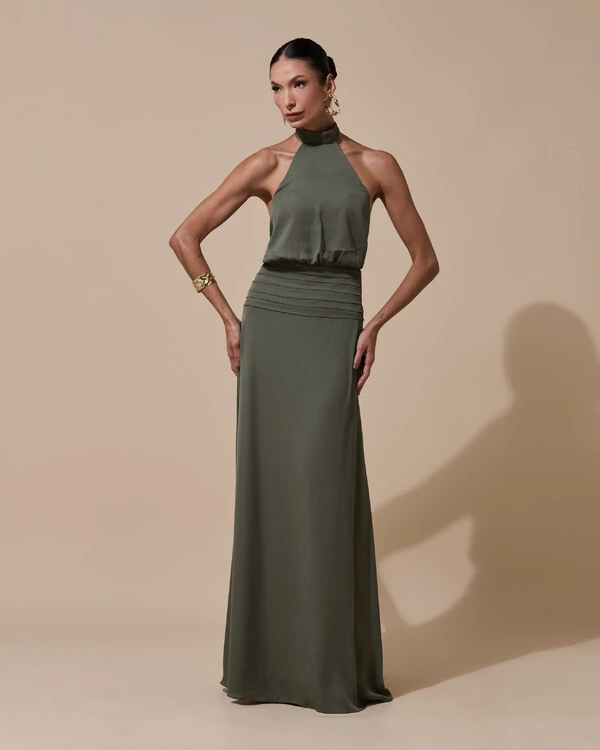 Vestido de Festa Longo Frente Única Busto Blousê Crepe Chiffon Drapeado Verde Oliva