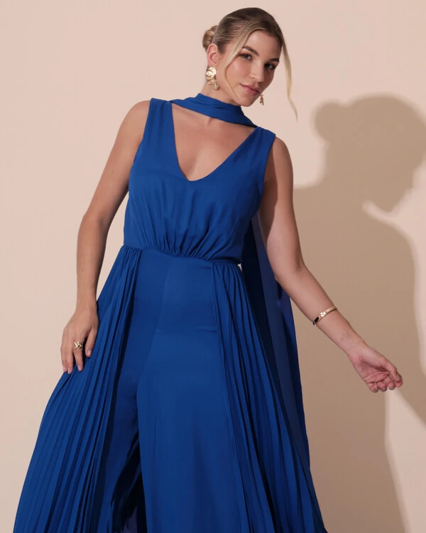 Macacão de Festa Longo Crepe Pantalona Plissado e Lenço Azul Royal