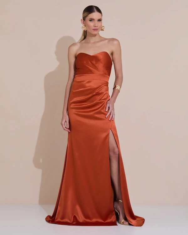 Vestido de Festa Longo Cetim Alfaiataria Tomara que Caia Fenda Terracota