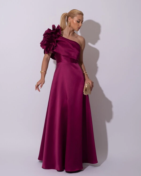 Vestido de Festa Longo Zibeline um Ombro Só Flor Drapeado Fúcsia