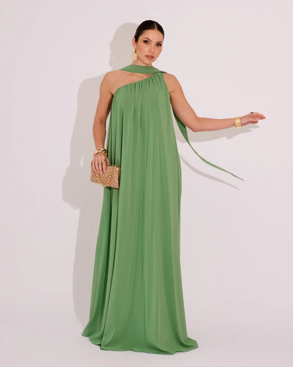 Vestido de Festa Longo Crepe Fluido um Ombro Só com Lenço Verde Claro