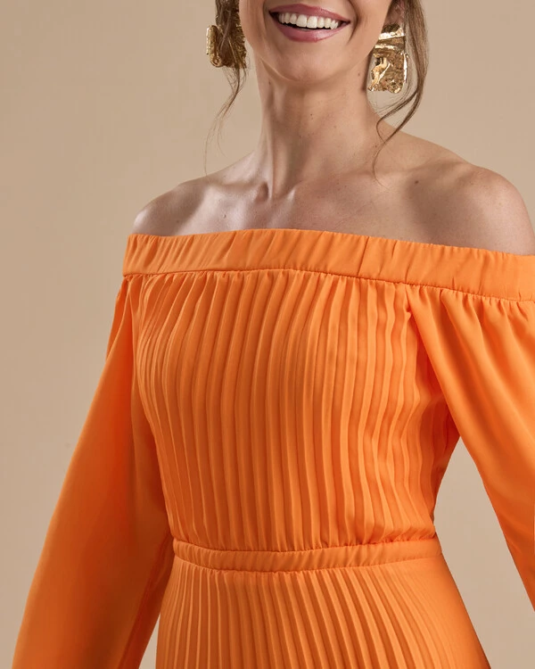 Vestido de Festa Longo Crepe Chiffon Plissado Ombro a Ombro Laranja