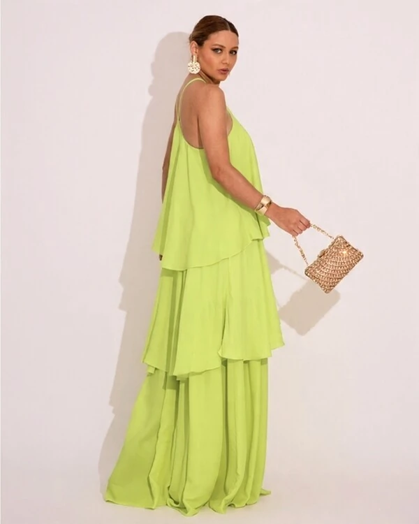 Vestido Longo Crepe Chiffon Babado em Camadas Verde Lima
