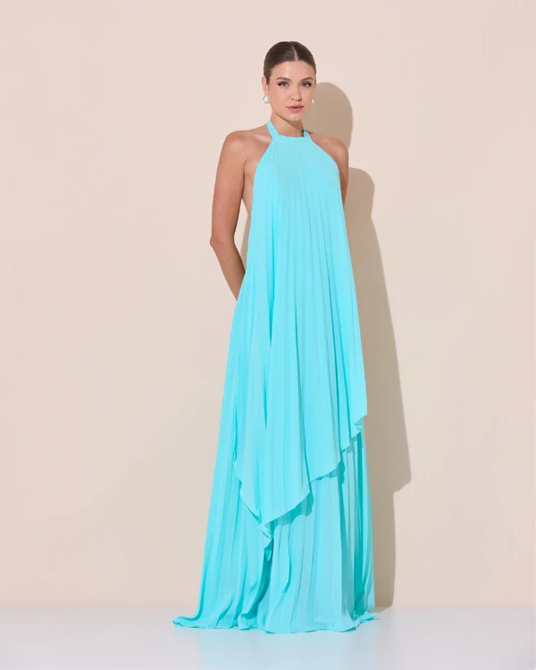 Vestidos de Festa Longo Chiffon Fluido Frente Única Plissado Duplo Tiffany