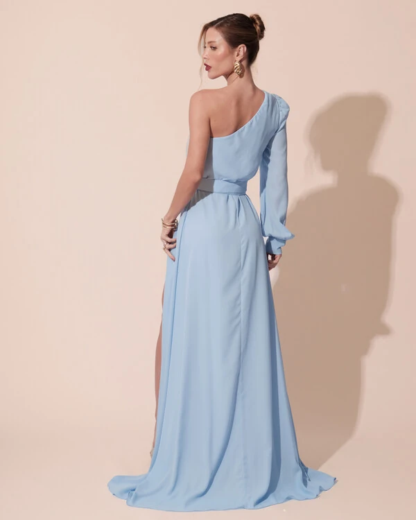 Vestido de Festa Longo um Ombro Só Manga Longa com Cinto Azul Serenity
