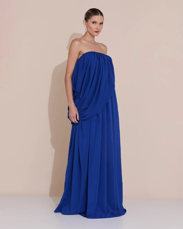 Vestido de Festa Longo Tomara Que Caia Crepe Chiffon Drapeado Azul Royal