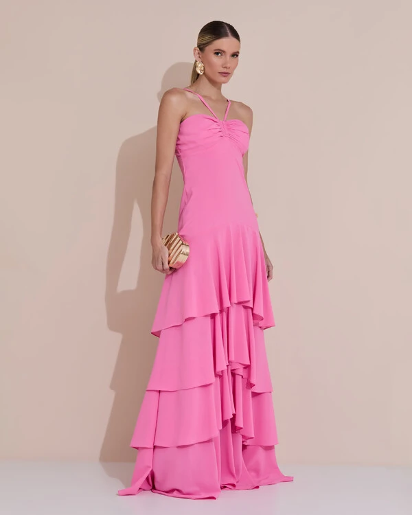 Vestido Longo Crepe com Babado em Camadas Rosa