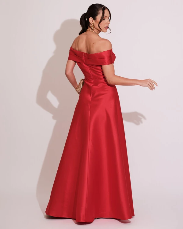 Vestido de Festa Longo Zibeline Ombro a Ombro com Fenda Vermelho
