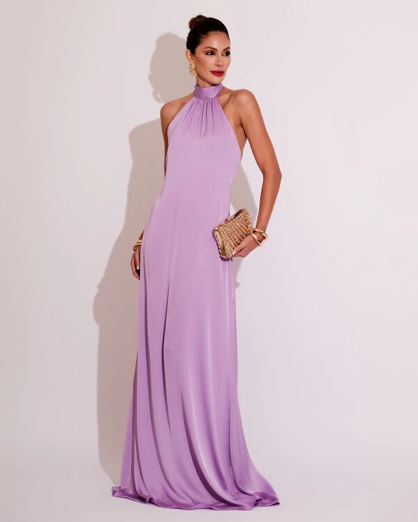 Vestido de Festa Gola Alta com Decote nas Costas Acetinado Lilás