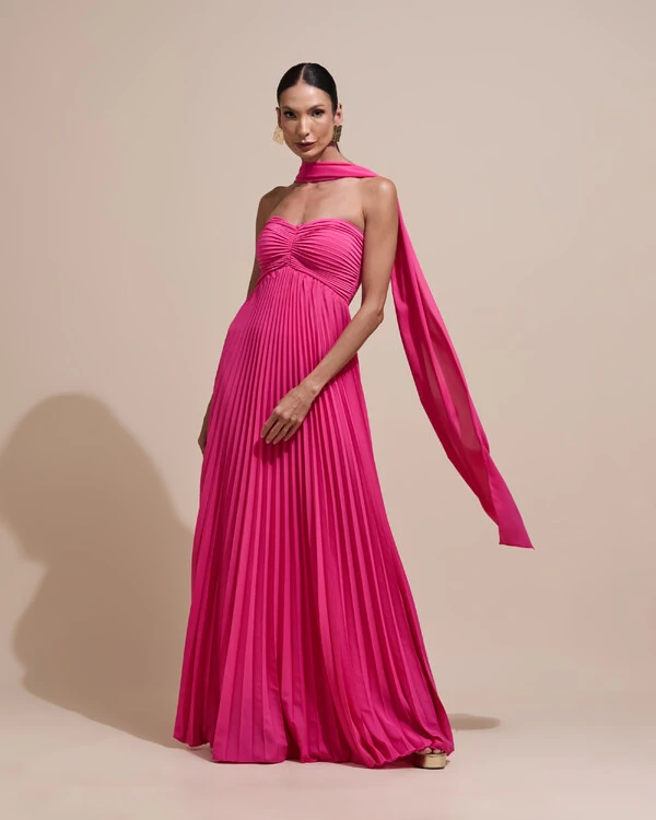 Vestido de Festa Longo Tomara que Caia Plissado com Lenço Pink New