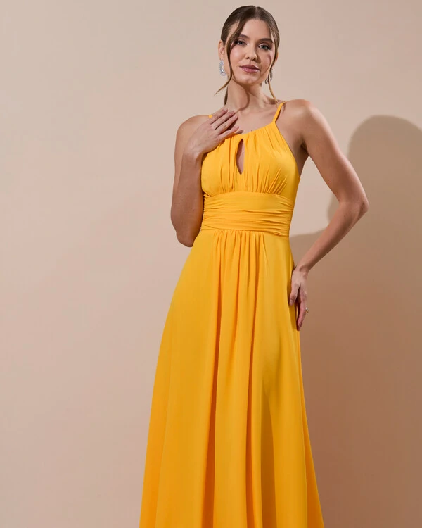 Vestido de Festa Longo Crepe Chiffon Drapeado com Alças e Saia Fluida Laranja Manga New