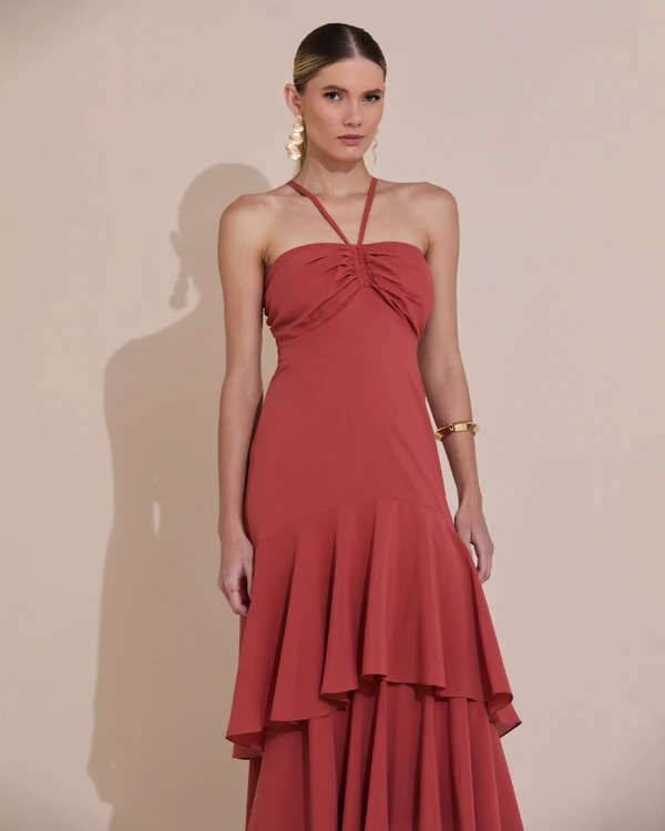 Vestido Longo Crepe com Babado em Camadas Terracota