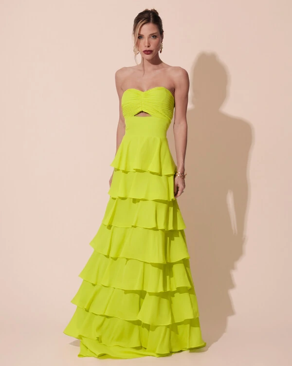 Vestido Longo Crepe Chiffon Tomara que Caia Plissado em Camadas Verde Lima