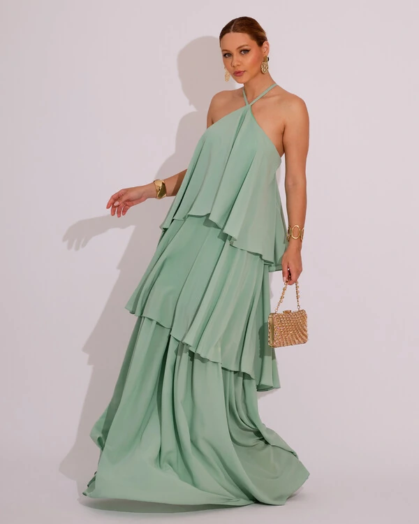 Vestido Longo Babado em Camadas Verde Menta