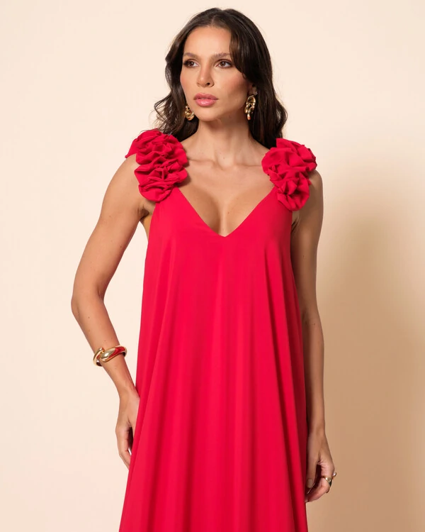 Vestido de Festa Longo Crepe Chiffon Fluido Decote em V Flores Vermelho
