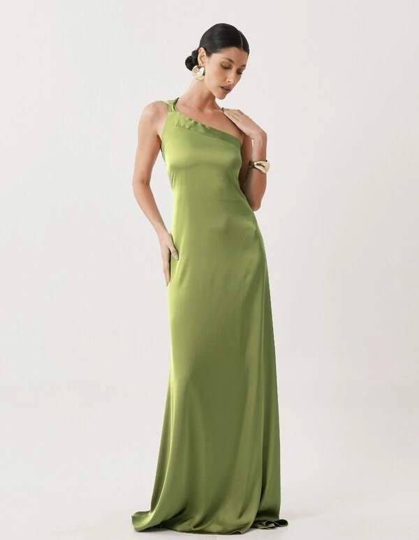 Vestido de Festa Longo Cetim Fluido Um Ombro Só Amarração Costas Verde Pistache