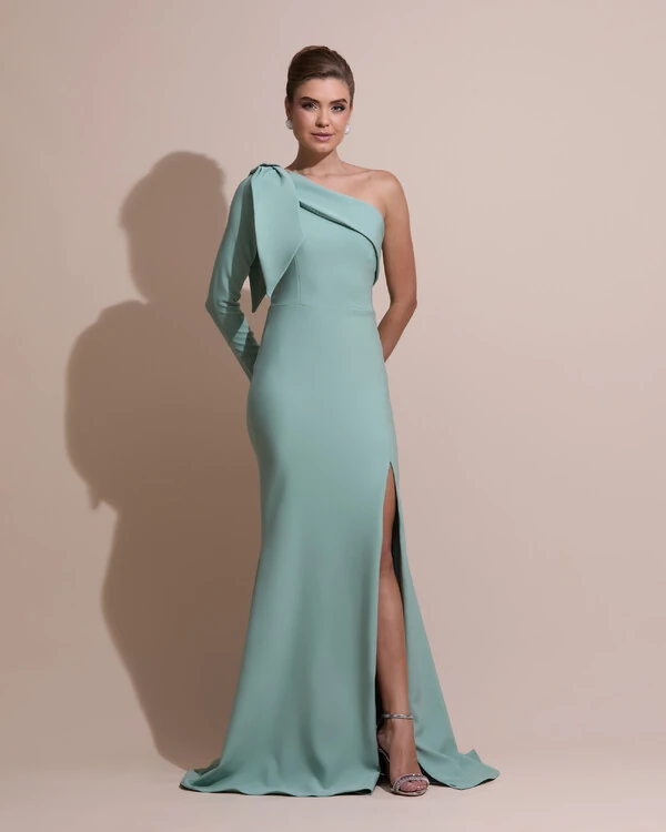 Vestido de Festa com Laço de Um Ombro em Alfaiataria Fenda Verde Menta