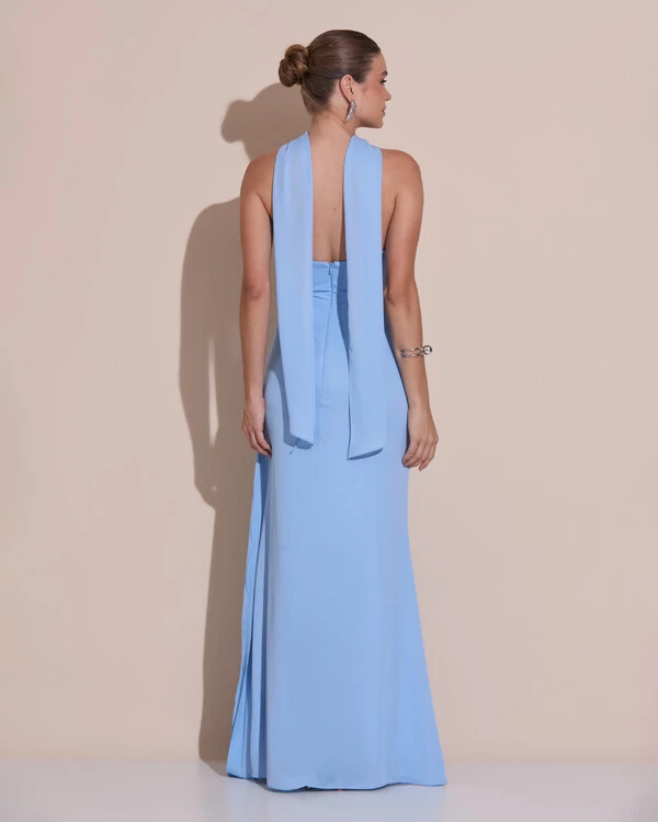 Vestido de Festa Longo Tomara Que Caia Crepe Chiffon Plissado Lenço Lenço Serenity