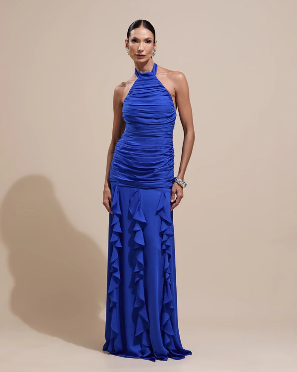 Vestido de Festa Longo Frente Única Crepe Chiffon Drapeado Babados Cascata Azul Royal